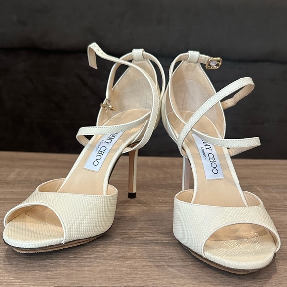 JIMMY CHOO EMSY 85MM CHEVRON EMBOSSED PATENT SANDAL HEELS  Size 37/7 - Picture 2 of 9